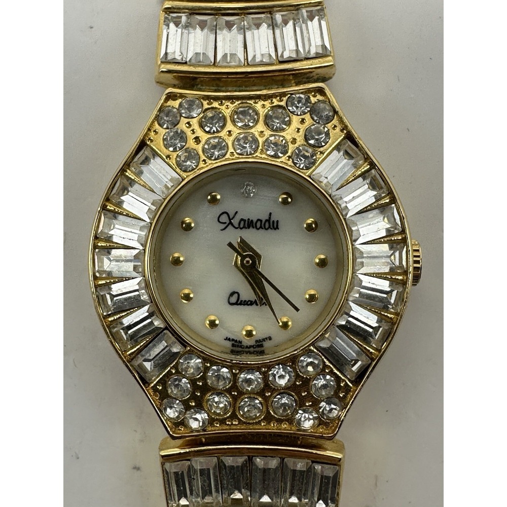 Xanadu Ladies Watch White Crystals New Battery 24MM 7.25" Gold Tone C78